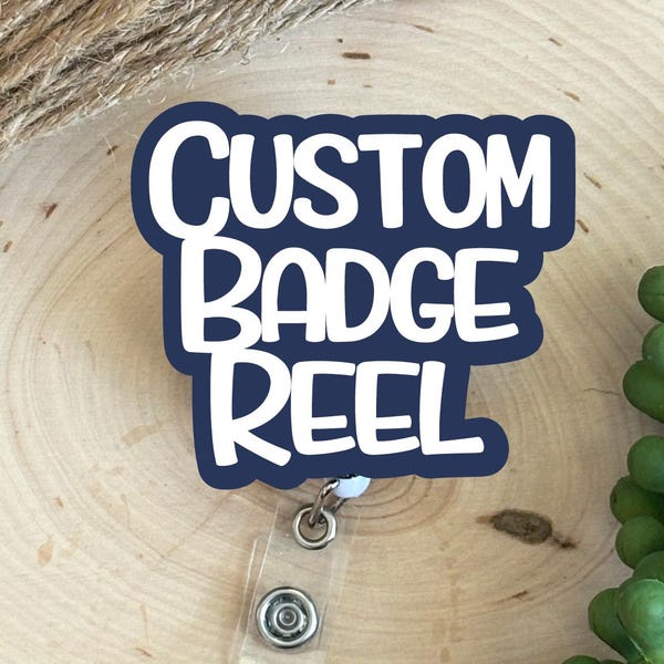 Navy custom badge reel with bold white lettering