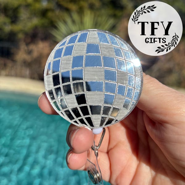 Silver disco ball badge reel with retractable cord