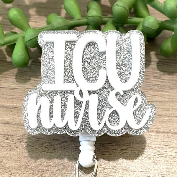 Silver and white ICU nurse badge reel