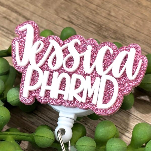 Pink glitter personalized PharmD badge reel